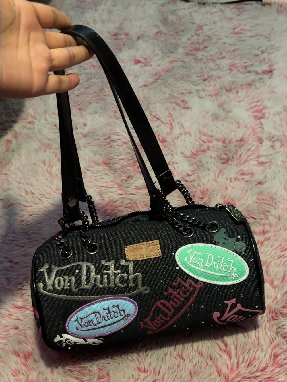 Von Dutch Black Barrel Bag with Pastel Patch Accents